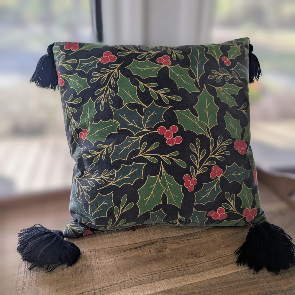 Target Holly Berry Christmas Throw Pillow with Black Tassels – Holiday Decor
